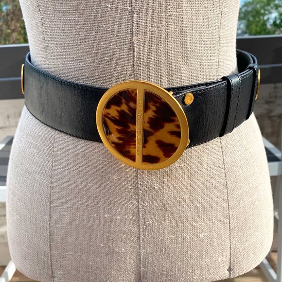 Flynow The Leather Black Leather Gold Cheetah Print Buckle Wide Statement Belt - Picture 1 of 15